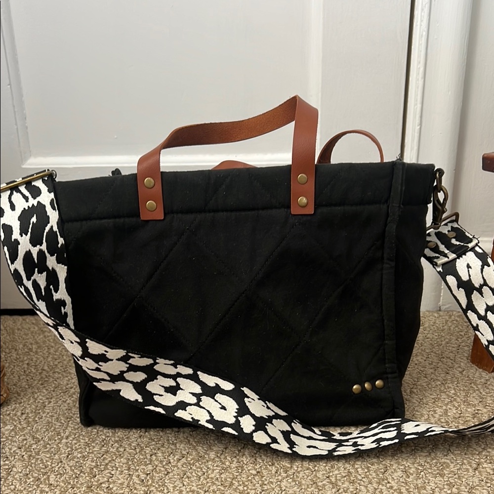 Black Quilted Tote Bag with Brown Accents